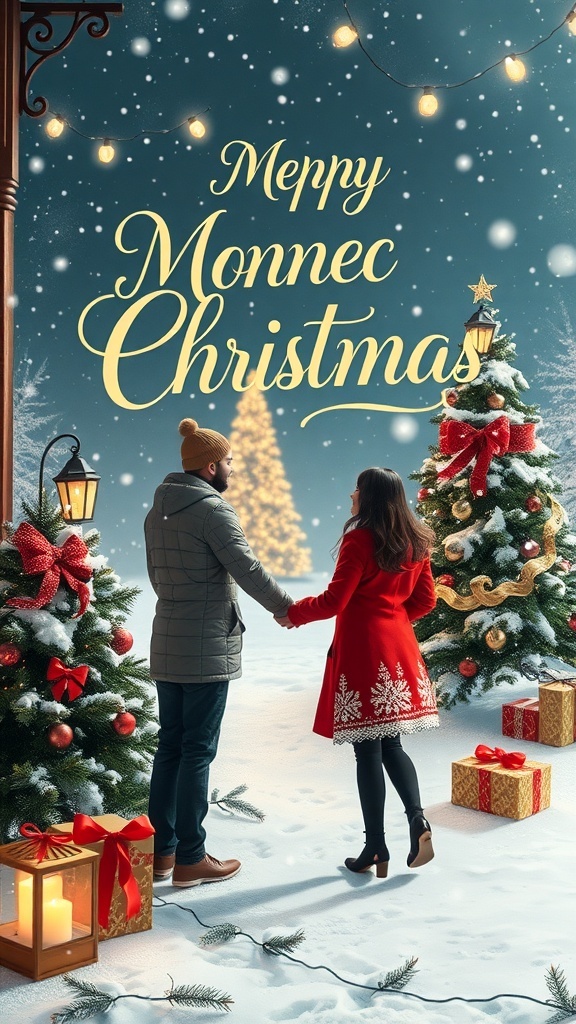 A romantic Christmas card with a snowy scene, couple holding hands, and festive decorations.